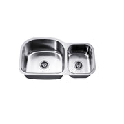 Dawn Undermount Double Bowl (Small Bowl on Right), 18G: 35"L x 20"W x 10"D (Large)/7-1/2"D (Small) (outside)