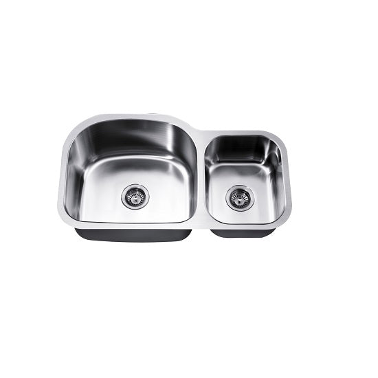 Dawn Undermount Double Bowl (Small Bowl on Right), 18G: 35"L x 20"W x 10"D (Large)/7-1/2"D (Small) (outside)