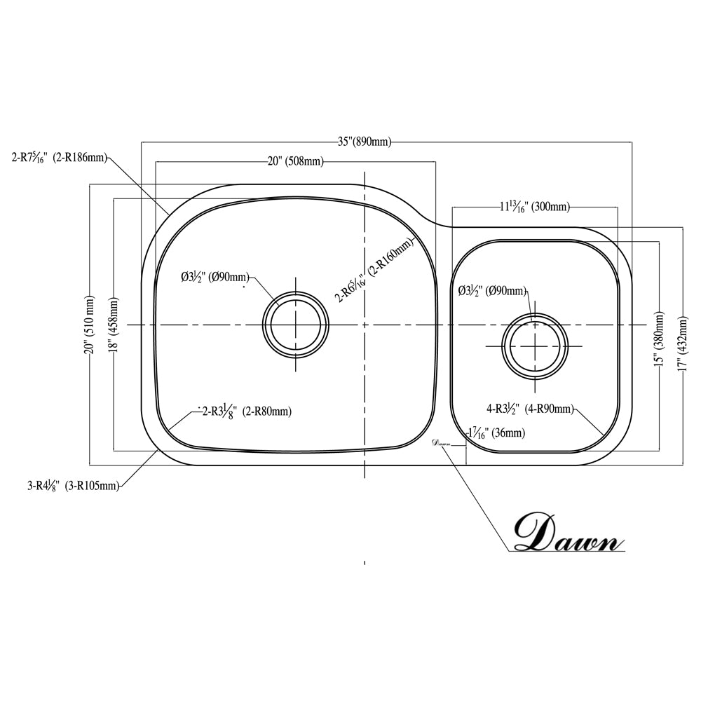 Dawn Undermount Double Bowl (Small Bowl on Right), 18G: 35"L x 20"W x 10"D (Large)/7-1/2"D (Small) (outside)
