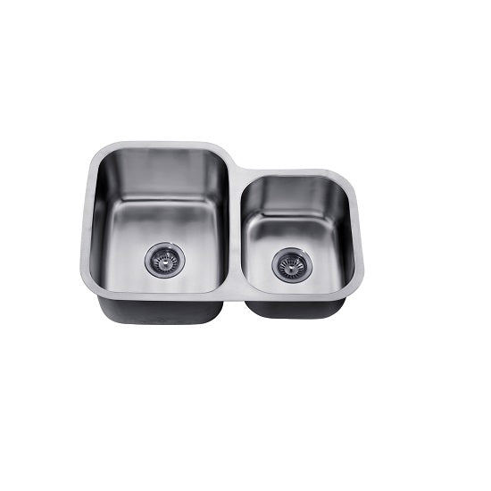 Dawn Undermount Double Bowl (Small Bowl on Right), 18G: 30"L x 20-7/8"W x 9-5/8"D (Large)/7-1/8"D (Small) (outside)
