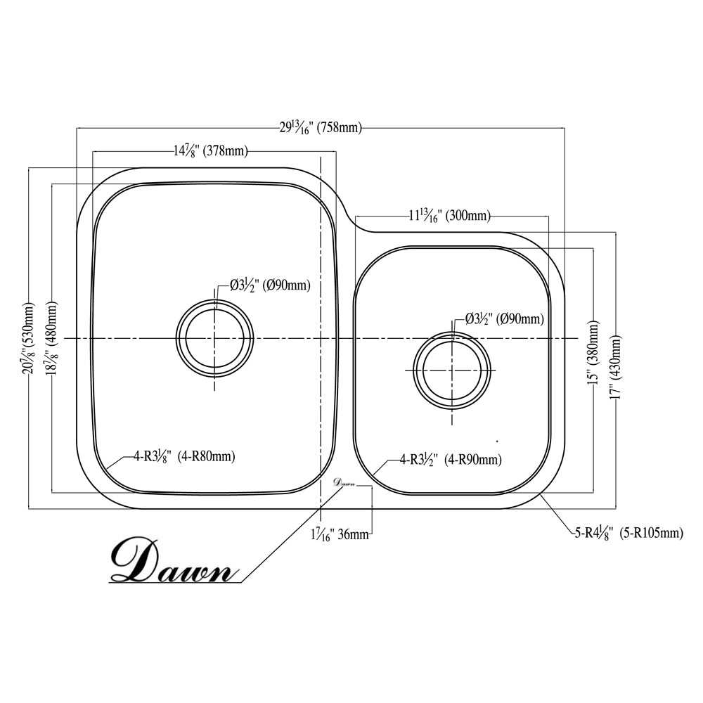 Dawn Undermount Double Bowl (Small Bowl on Right), 18G: 30"L x 20-7/8"W x 9-5/8"D (Large)/7-1/8"D (Small) (outside)