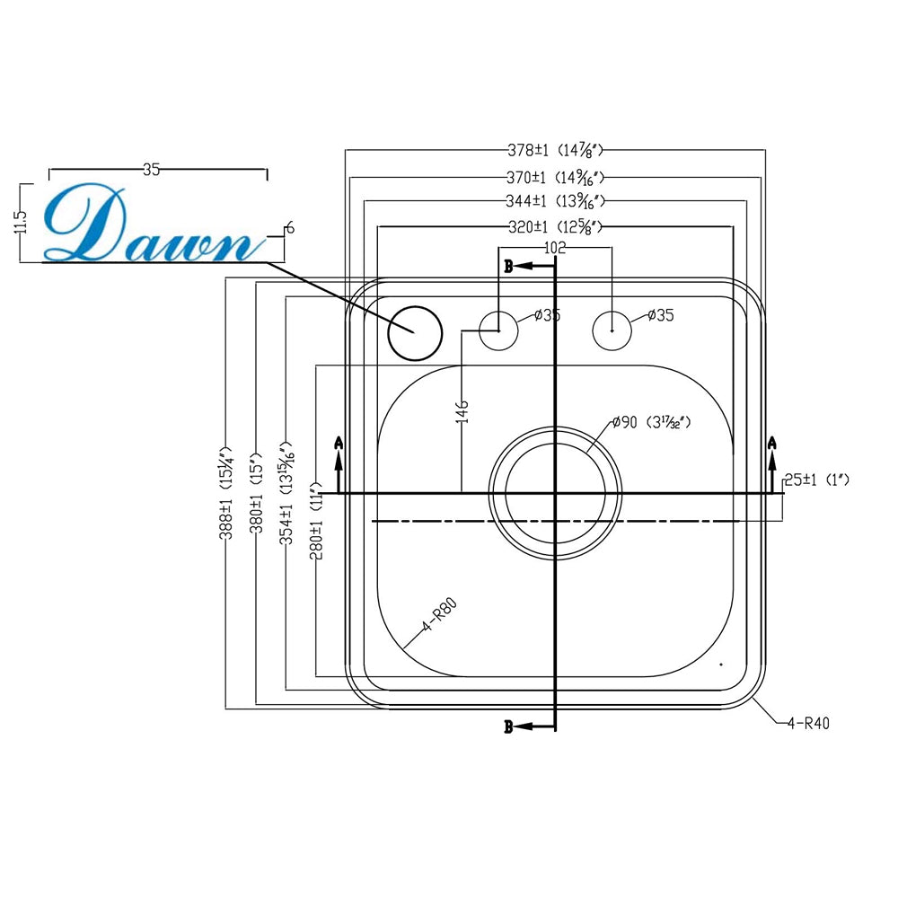 Dawn Top Mount Bar Sink, 20G: 14-7/8"L x 15-1/4"W x 7-3/8"D (outside)