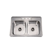 Dawn Top Mount Equal Double Bowl, 20G: 33-1/16"L x 22"W x 8"D (outside)