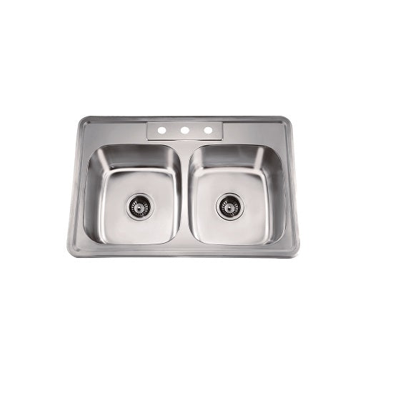 Dawn Top Mount Equal Double Bowl, 20G: 33-1/16"L x 22"W x 8"D (outside)