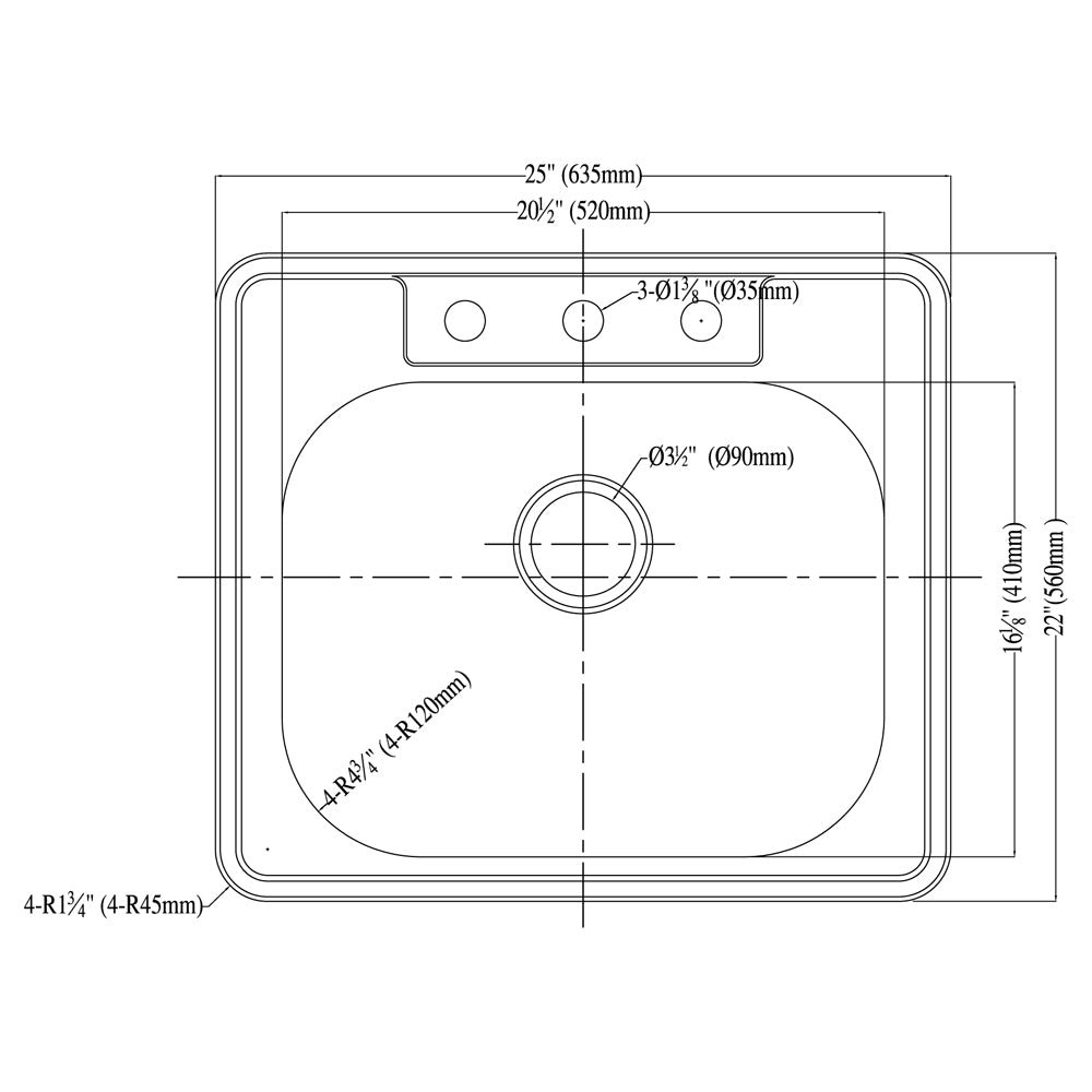 Dawn Top Mount Single Bowl, 20G: 24-3/4"L x 22"W x 8"D (outside)