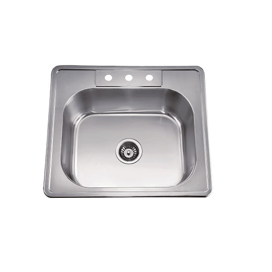 Dawn Top Mount Single Bowl, 20G: 24-3/4"L x 22"W x 8"D (outside)
