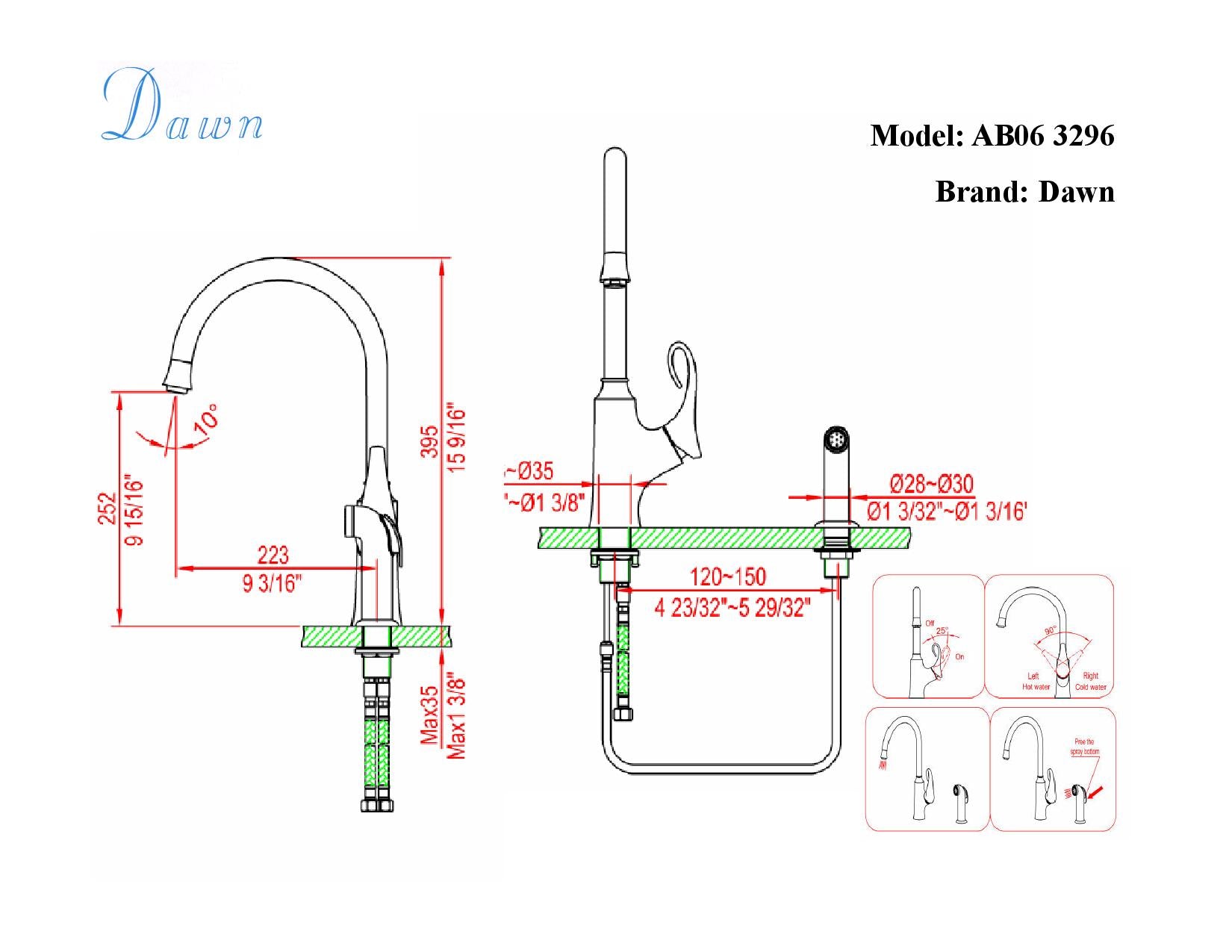 Dawn Single-lever kitchen faucet with side-spray, Chrome
