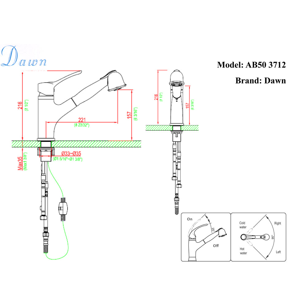 Dawn Single-Lever Pull-Out Spray Kitchen Faucet AB50 3712