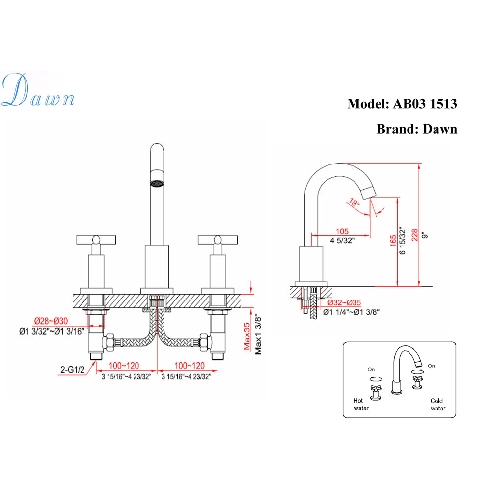 Dawn 3-Hole Widespread Lavatory Faucet, Cross Handles AB03 1513