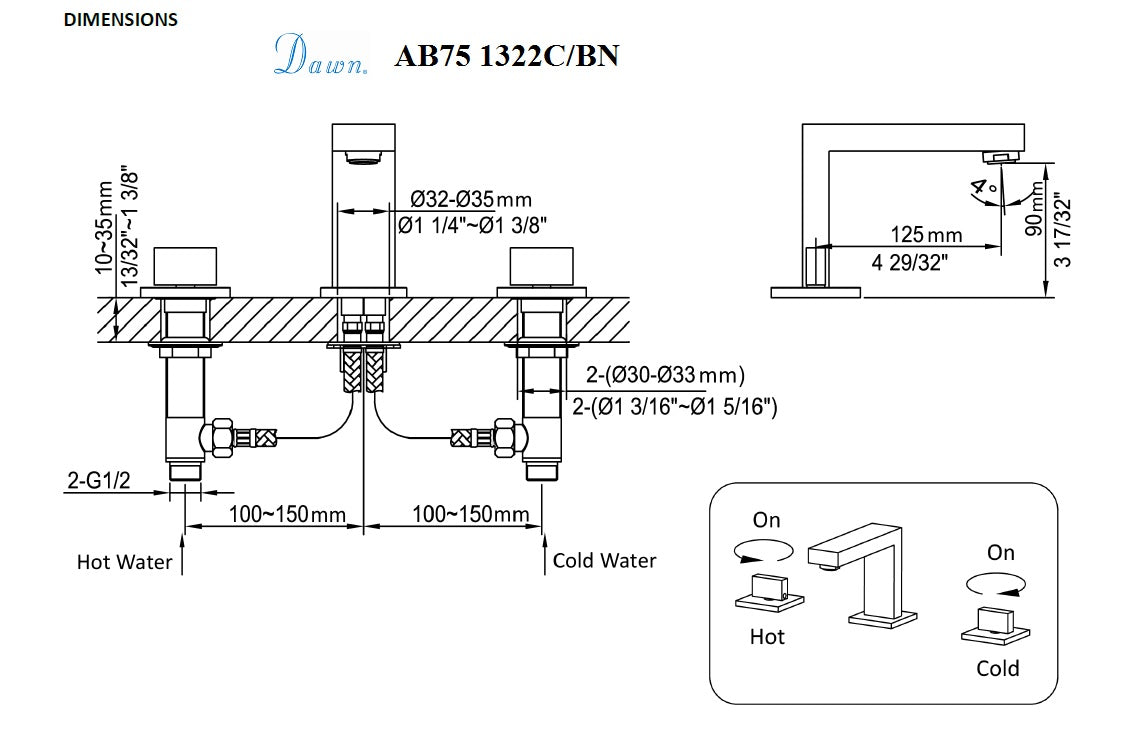Dawn 3-Hole Widespread Lavatory Faucet, Square Handles AB75 1322