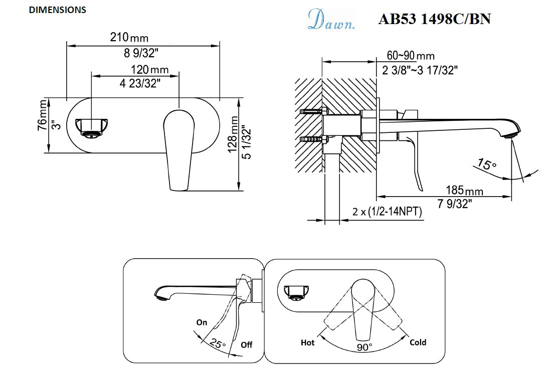 Dawn Single Lever Wall Mount Concealed Washbasin Mixer AB53 1498