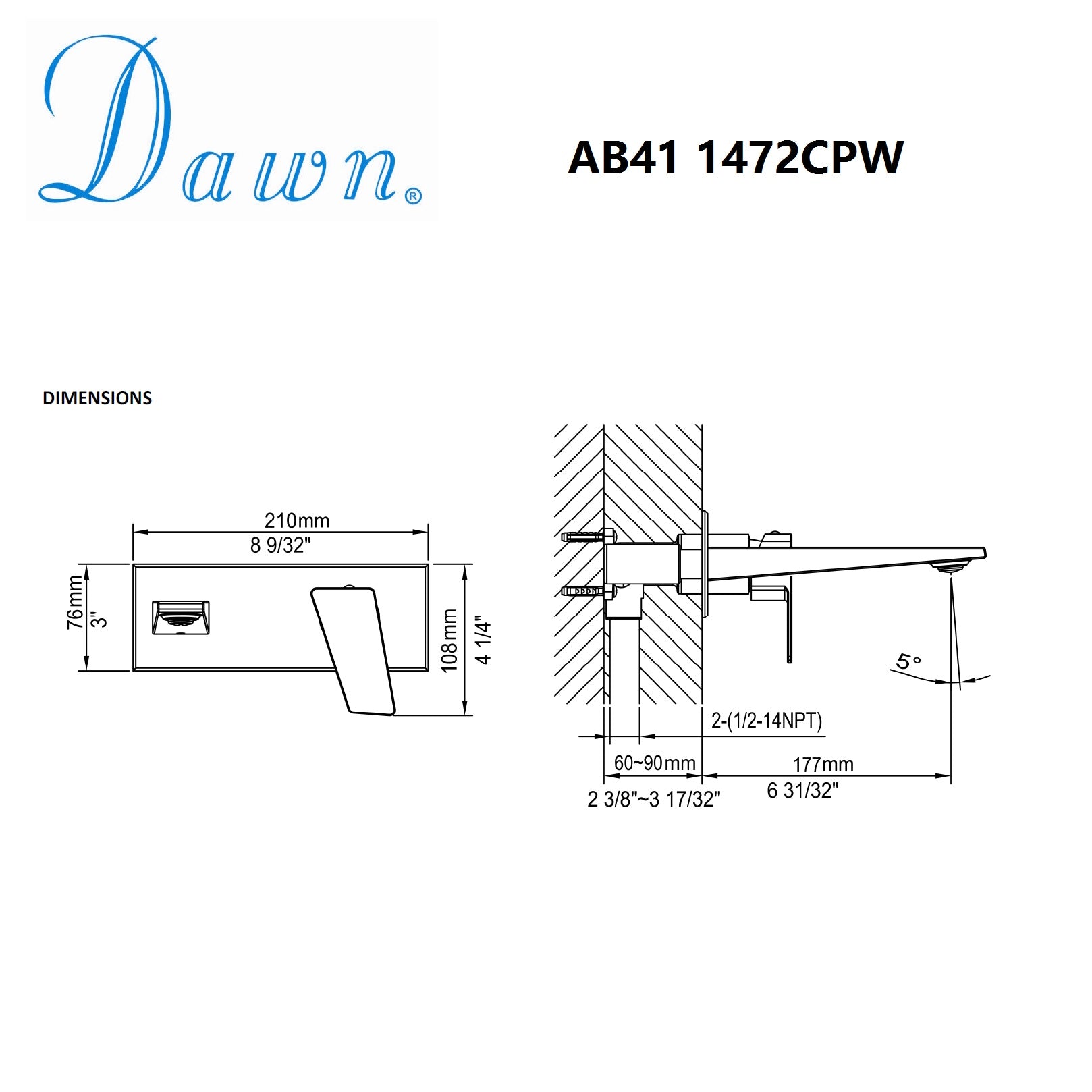 Dawn Single-Lever Wall Mount Concealed Washbasin Mixer AB41 1472CPW