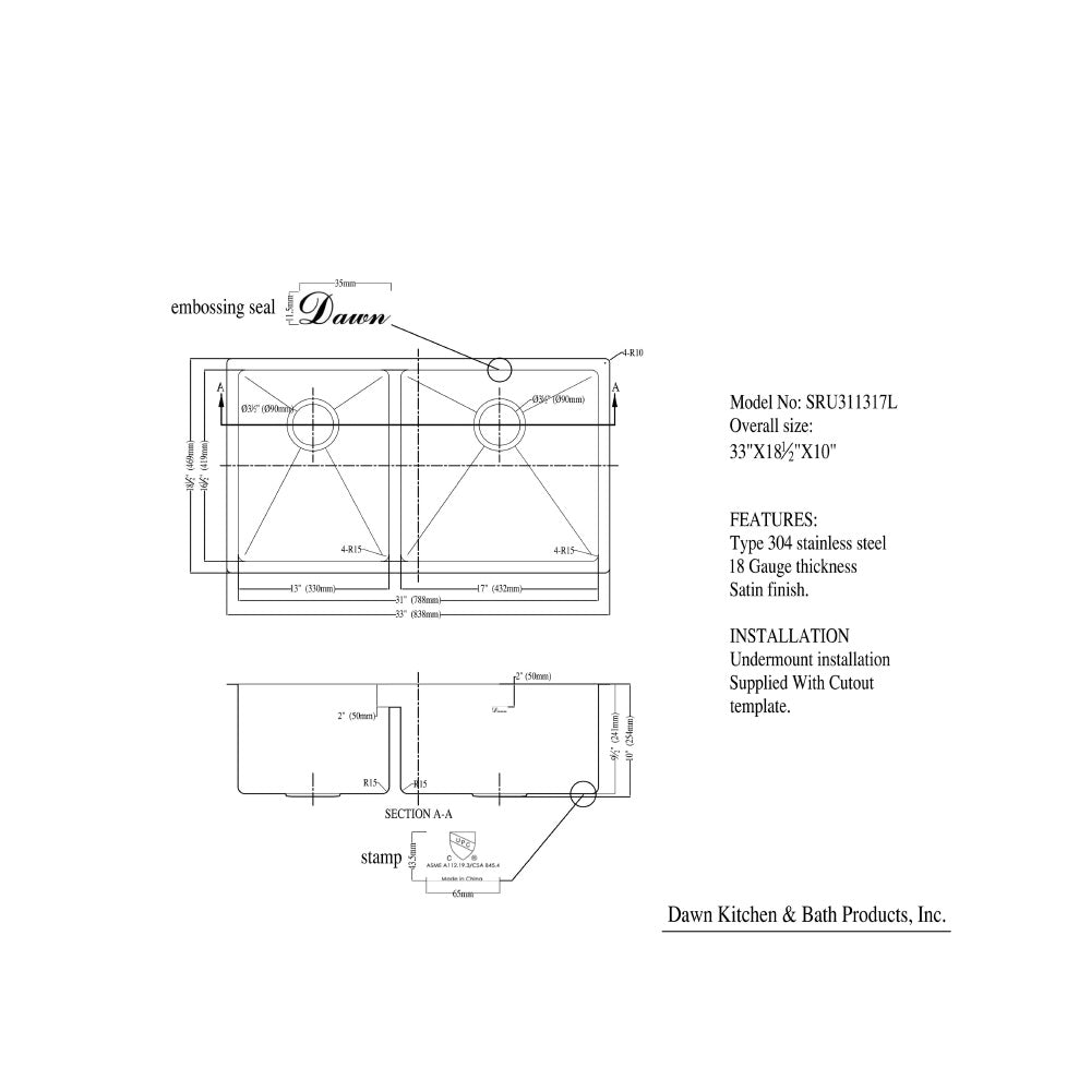 Dawn Undermount Small Radius double Bowl  Kitchen Sink SRU311317L