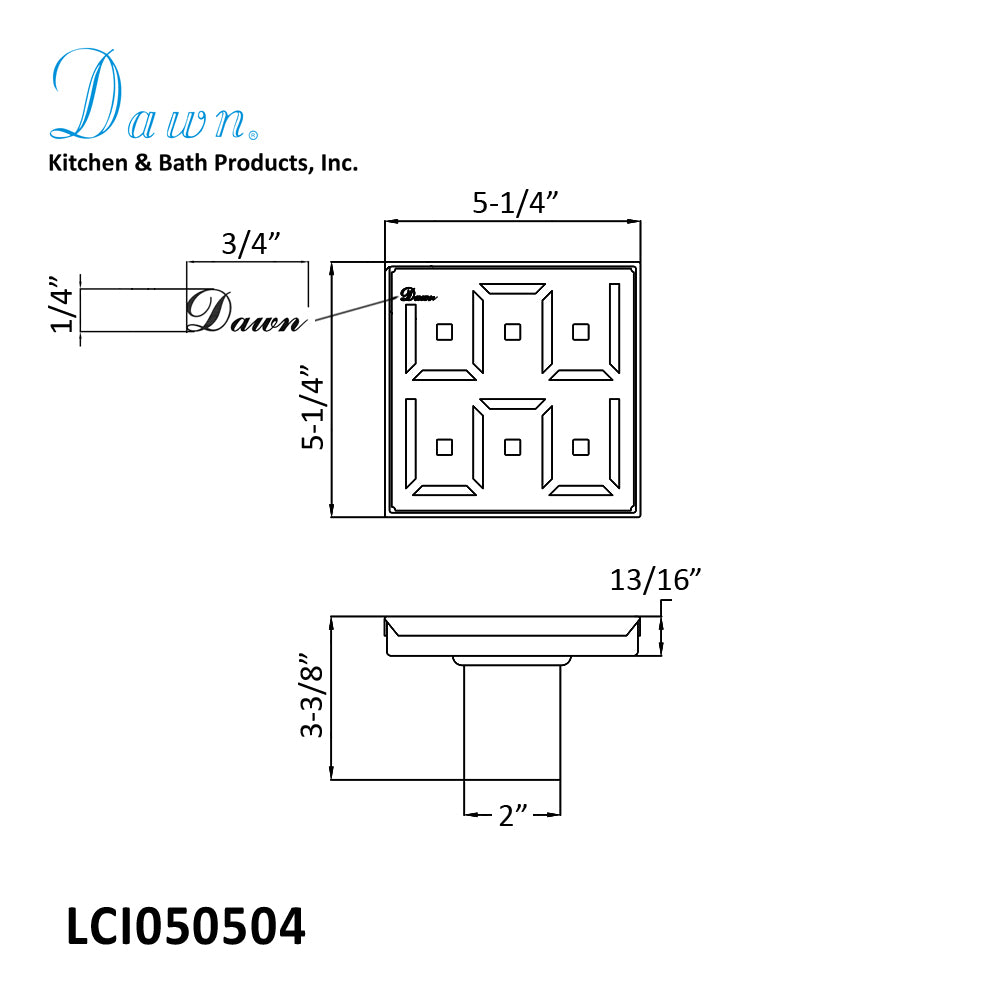 Dawn Shower square drain - 14G, 304 type stainless steel, 5-1/4"L x 5-1/4"W x 3-1/8"D