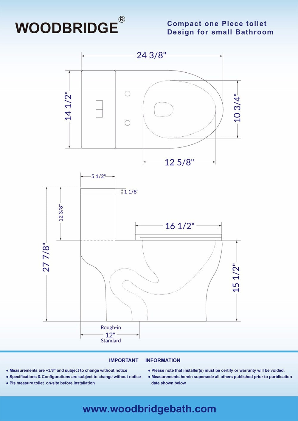 WOODBRIDGE One Piece Short Compact Bathroom Tiny Mini Commode Water Closet Dual Flush Concealed Trapway, T0031
