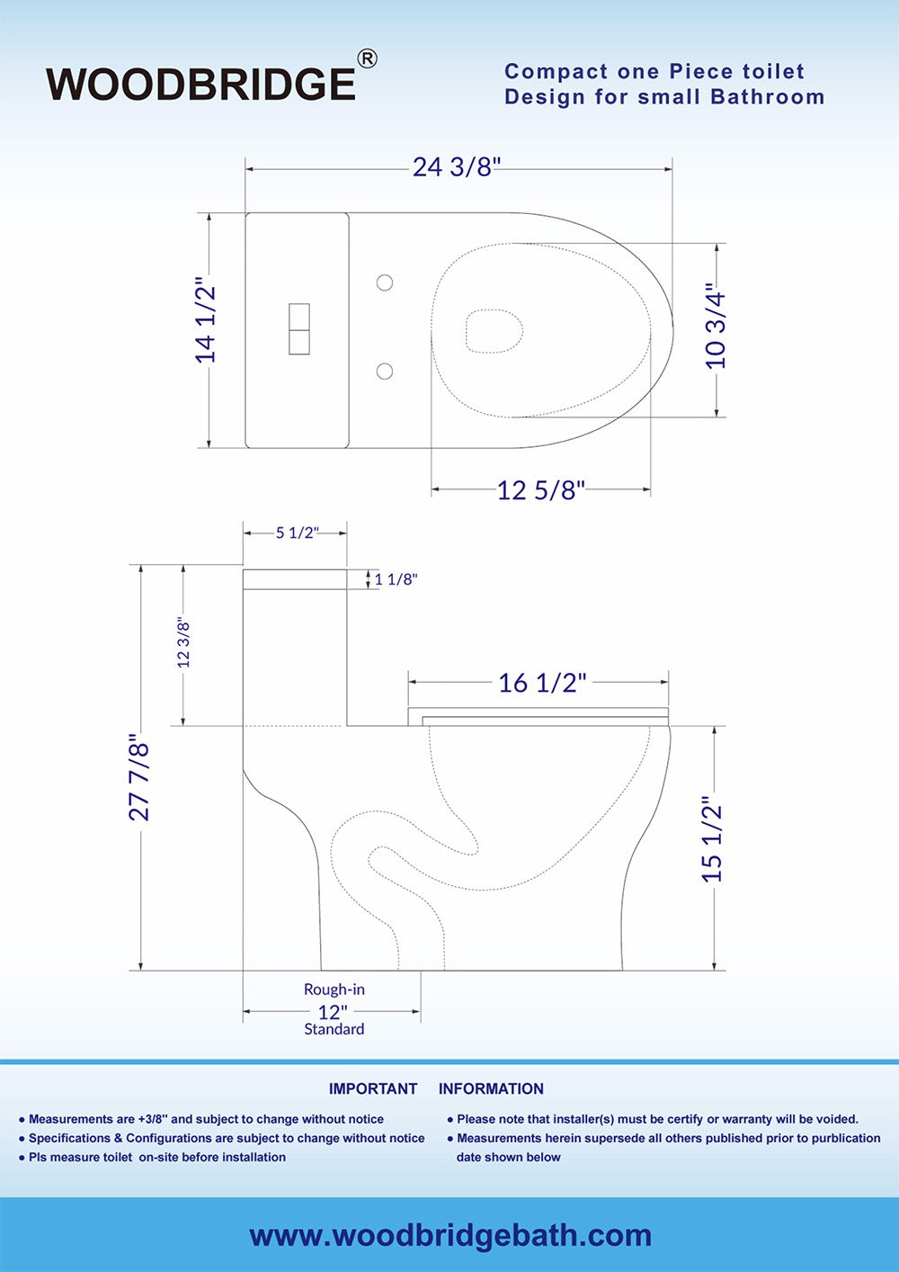 WOODBRIDGE T-0031 Short Compact Tiny One Piece Toilet with Soft Closing Seat, Small Toilet