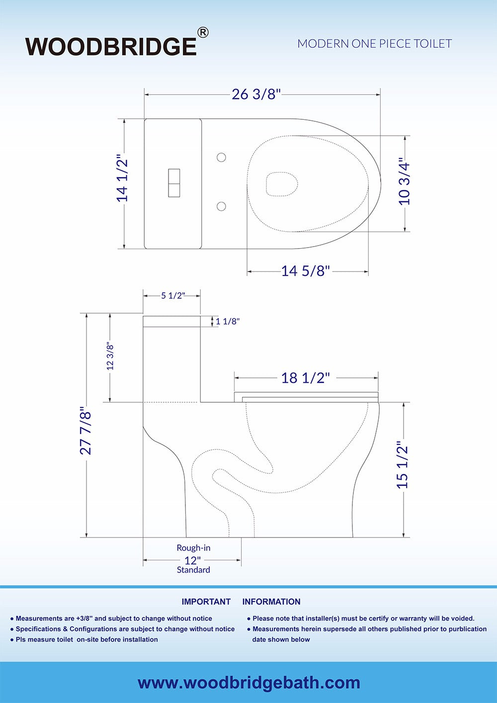 WOODBRIDGE Modern One Piece Dual Flush 1.28 GP Toilet,with Soft Closing Seat