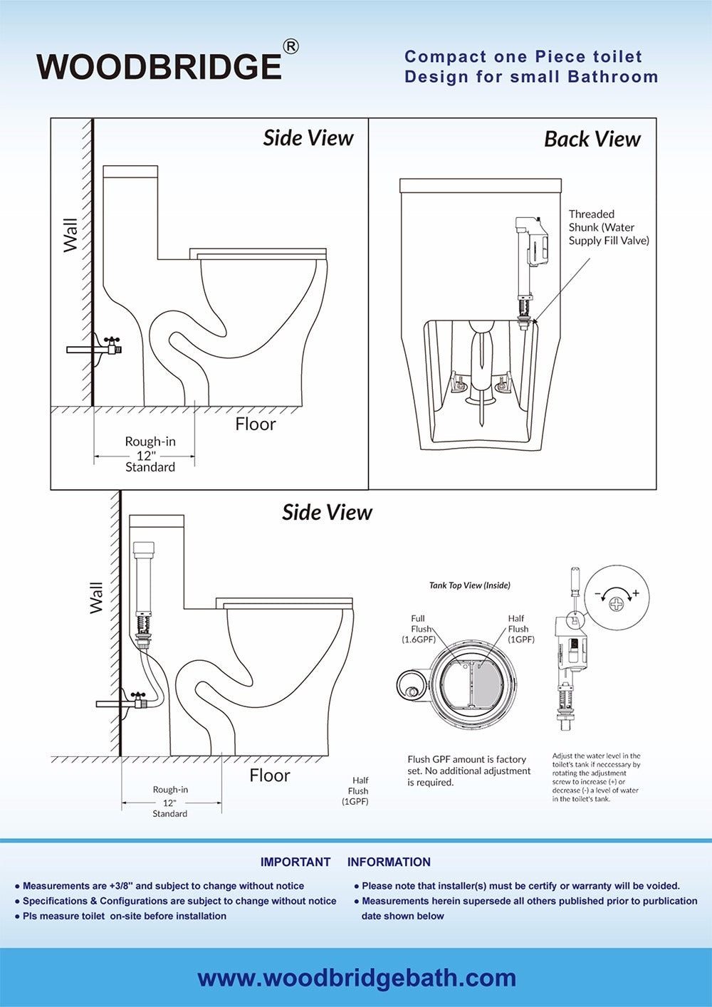 WOODBRIDGE One Piece Short Compact Bathroom Tiny Mini Commode Water Closet Dual Flush Concealed Trapway, T0031