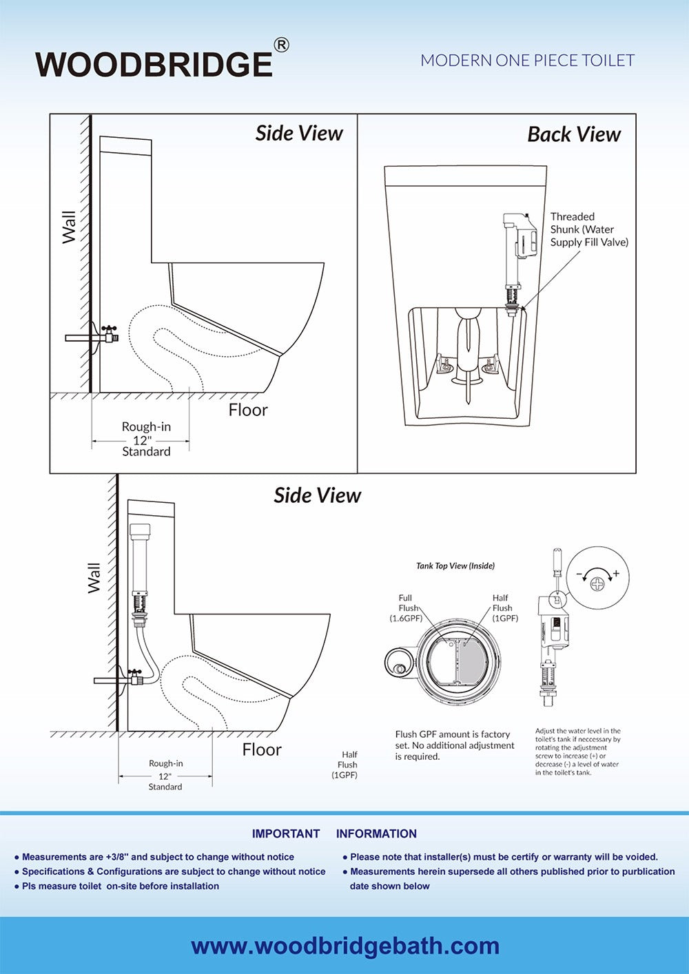 WOODBRIDGE Modern Square Design One Piece Dual Flush 1.28 GP Toilet,Chair Height with Soft Closing Seat, T0020