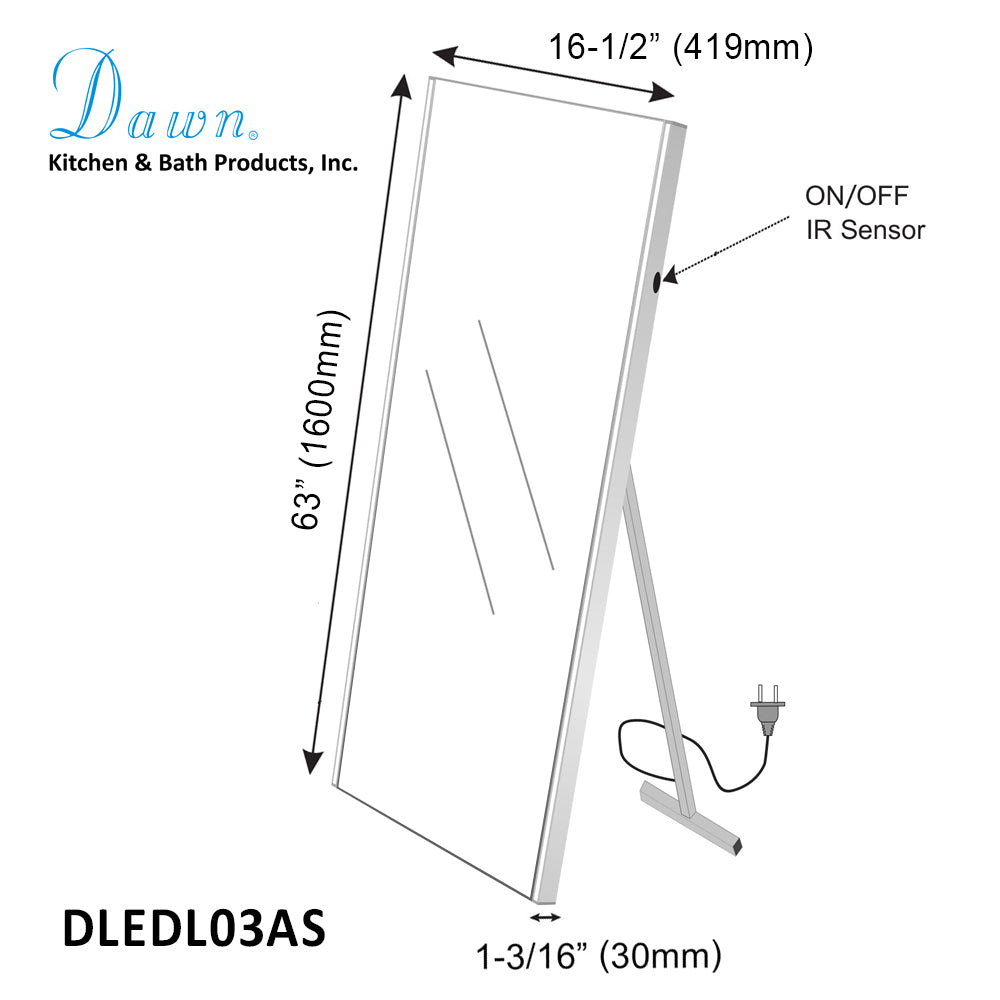 Dawn LED Back Light Free Standing Mirror with Matte Aluminum Frame and IR Sensor DLEDL03AS