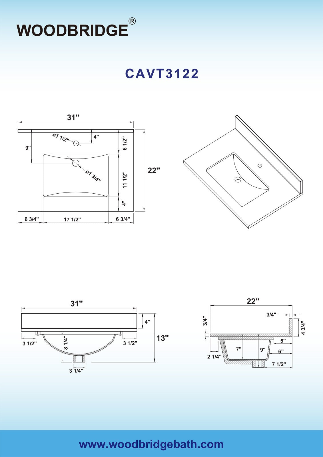 WOODBRIDGE 31" x 22"vanity top with single under Mount Rectangle Bowl, CAVT3122-1