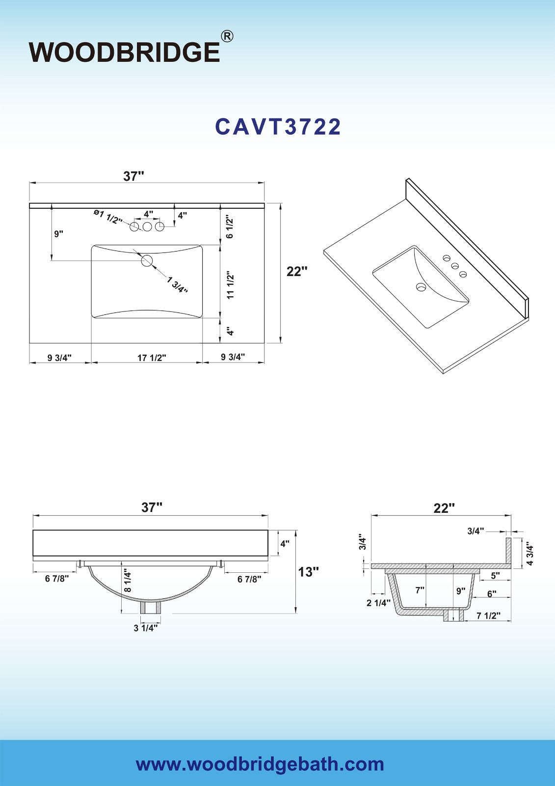WOODBRIDGE 37" x22" Vanity Top with Single Under Mount Rectangle Bowl, CAVT3722-4