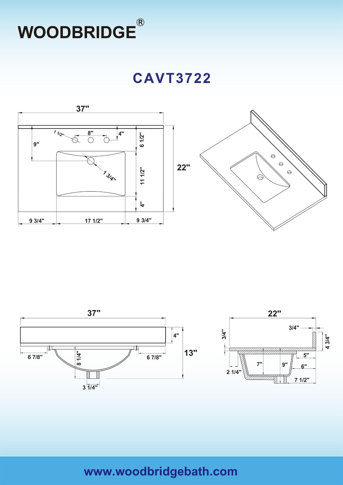 WOODBRIDGE 37" x22" Vanity Top with Single Under Mount Rectangle Bowl, CAVT3722-8
