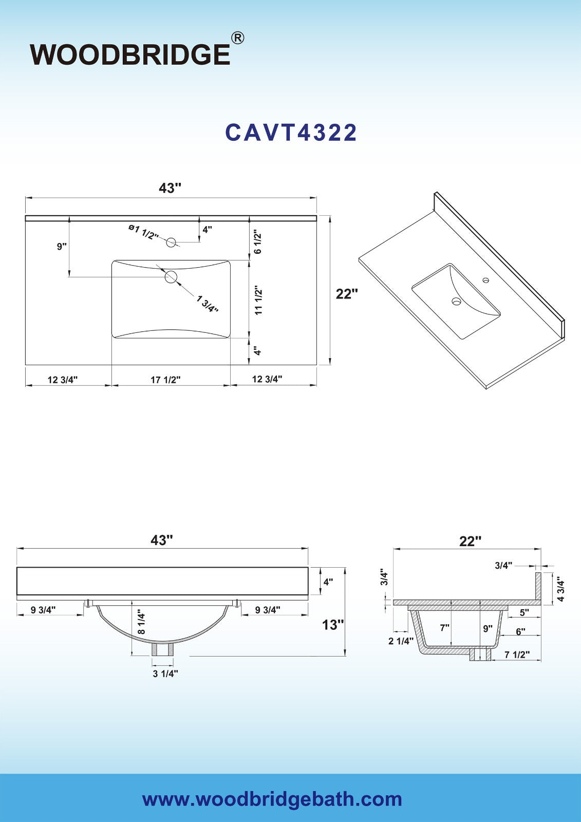 WOODBRIDGE 43" x22" Vanity Top with Single Under Mount Rectangle Bowl, CAVT4322-1