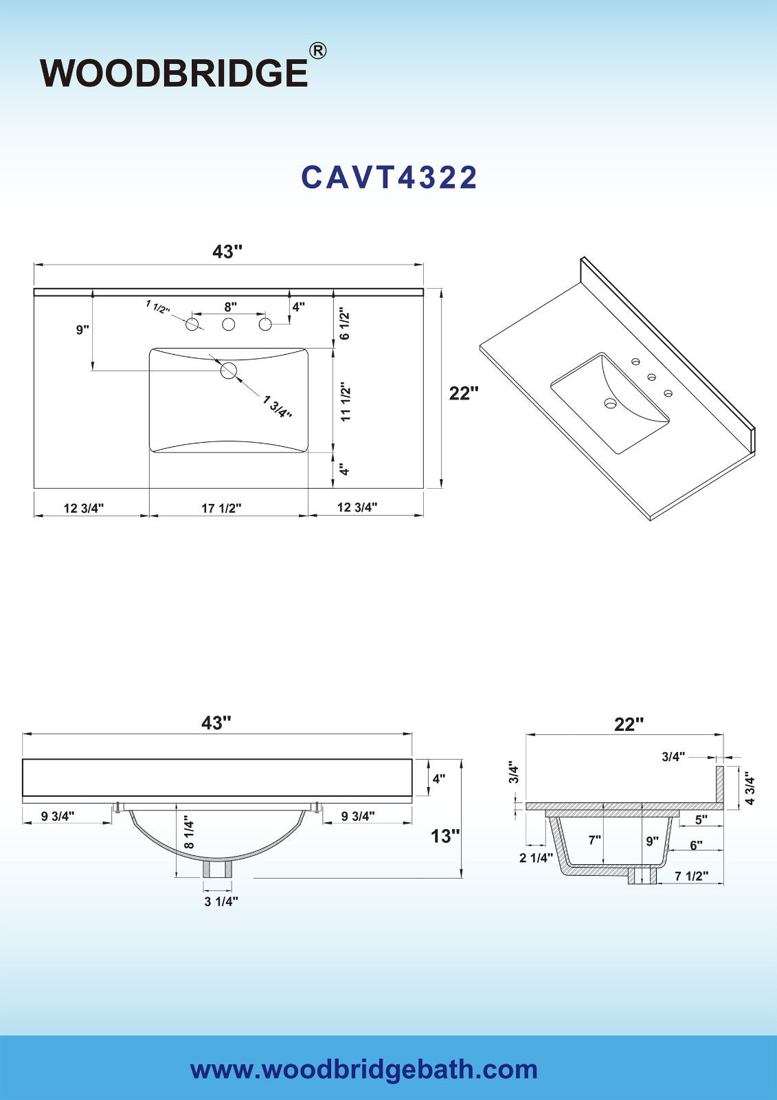 WOODBRIDGE 43"x22" Vanity Top with Under Mount Bowl, CAVT4322-8