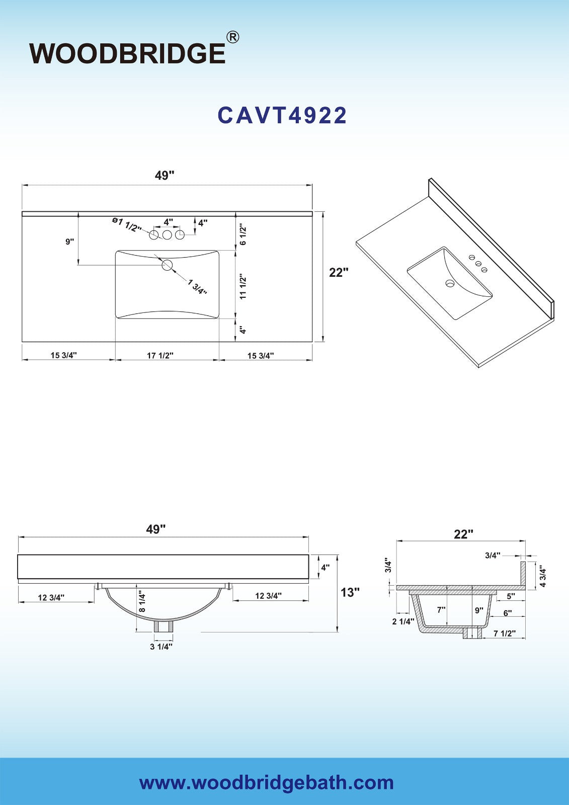 WOODBRIDGE 49"x22" Vanity Top with Single Under Mount Rectangle Bowl, CAVT4922-4