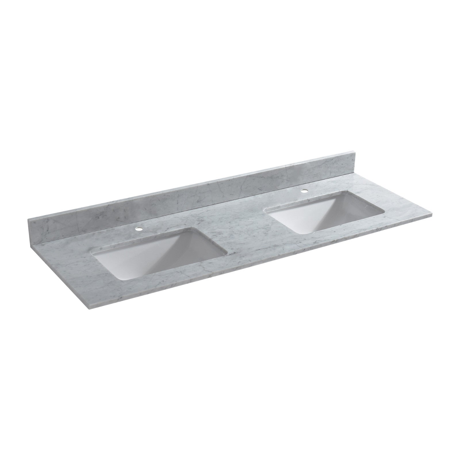 WOODBRIDGE 61" x 22" Vanity Top with Double Under Mount Rectangle Bowls, Carrara White Marble, Pre-drilled with Single hole Faucet set up Option