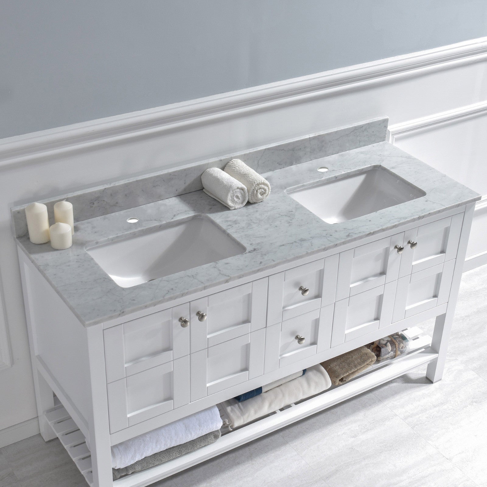 WOODBRIDGE 61" x 22" Vanity Top with Double Under Mount Rectangle Bowls, Carrara White Marble, Pre-drilled with Single hole Faucet set up Option