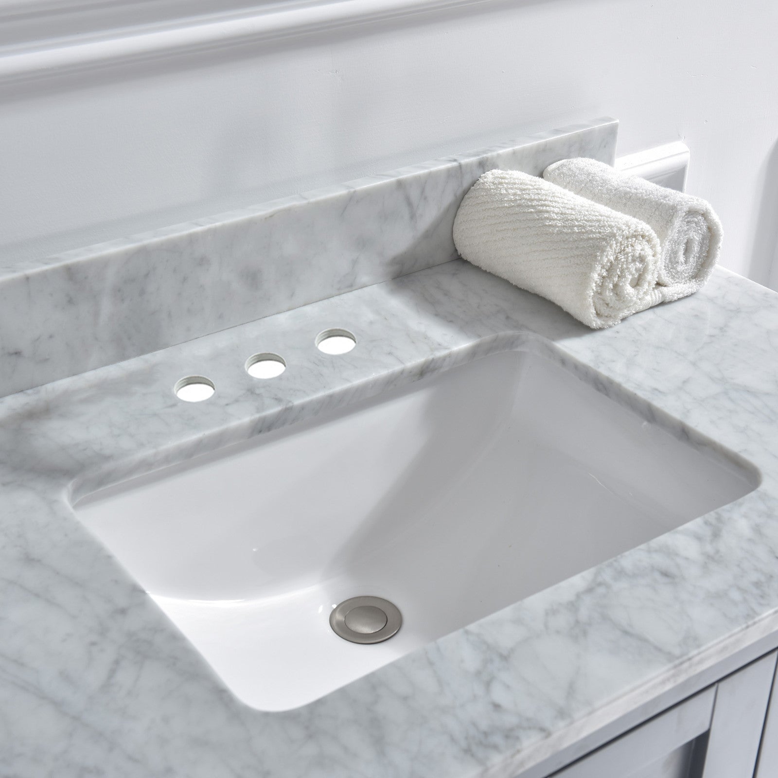 WOODBRIDGE 61" x 22" Vanity Top with Double Under Mount Rectangle Bowls, Carrara White Marble, Pre-drilled with Single hole Faucet set up Option