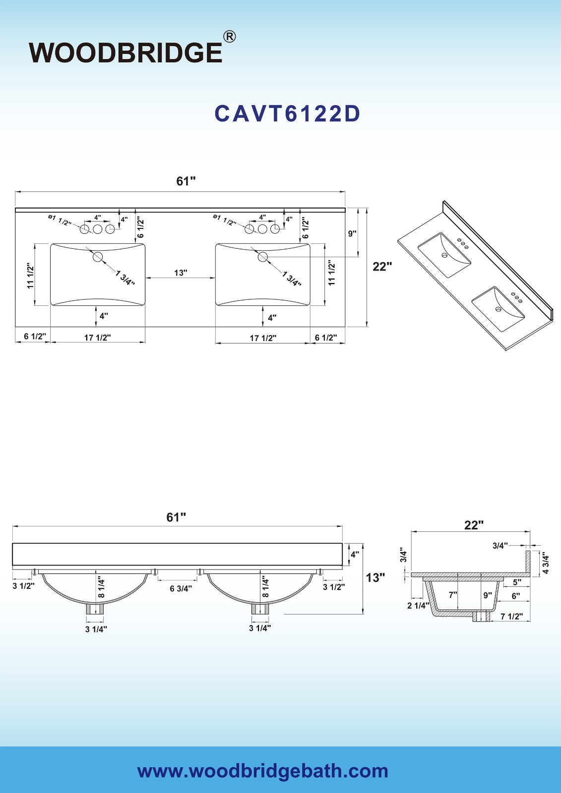 WOODBRIDGE 61" x 22" Vanity Top with Double Under Mount Rectangle Bowls, CAVT6122D-4