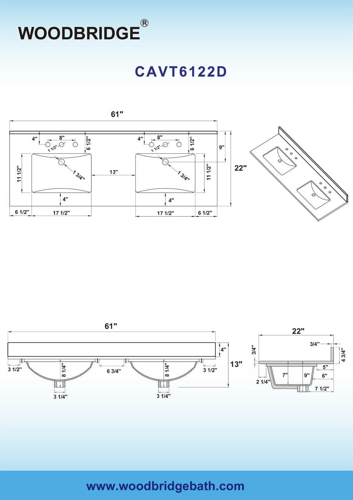 WOODBRIDGE 61" x 22" Vanity Top with Double Under Mount Rectangle Bowls, CAVT6122D-8