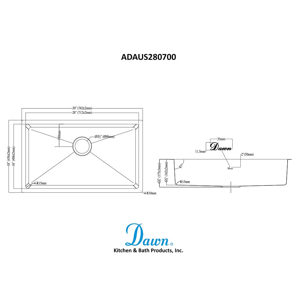 Dawn Handmade stainless steel undermount single bowl sink with straight sink edges and near zero radius corners; 18G; Overall Size: 30"L x 18"W x 6-7/8"D