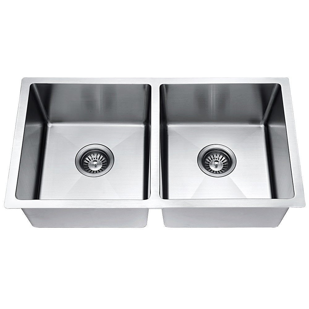 Dawn Handmade stainless steel undermount double bowl sink with straight sink edges and near zero radius corners; 18G; Overall Size: 30"L x 18"W x 6-7/8"