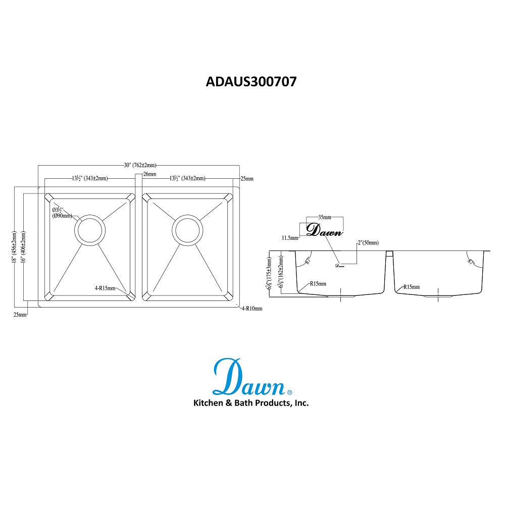 Dawn Handmade stainless steel undermount double bowl sink with straight sink edges and near zero radius corners; 18G; Overall Size: 30"L x 18"W x 6-7/8"