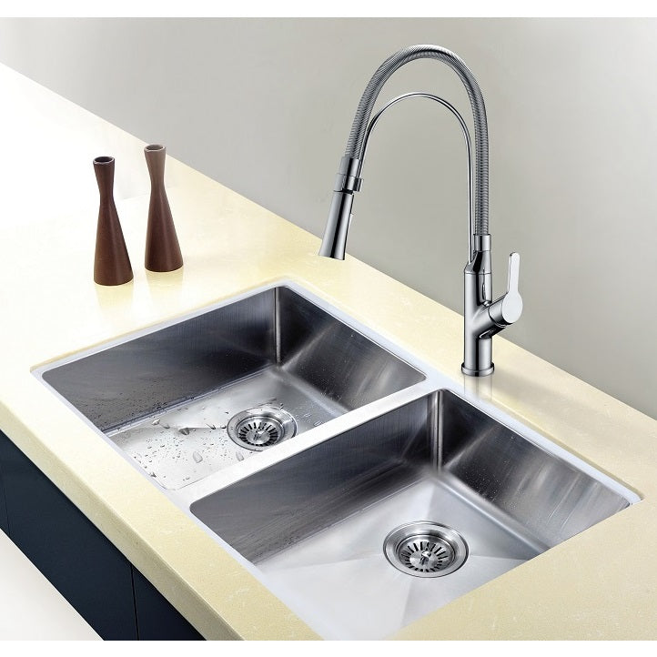 Dawn Handmade stainless steel undermount double bowl sink with straight sink edges and near zero radius corners; 18G; Overall Size: 30"L x 18"W x 6-7/8"