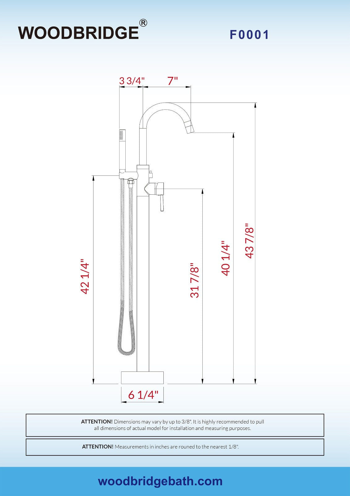 WOODBRIDGE F0001BNRD Contemporary Single Handle Floor Mount Freestanding Tub Filler Faucet with Hand shower