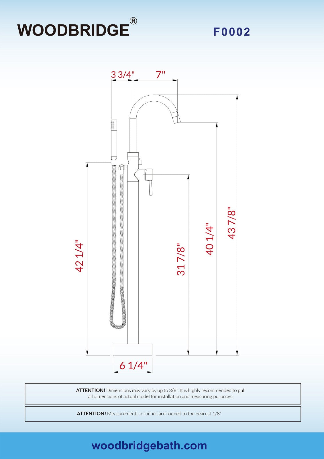 WOODBRIDGE F0001BNRD Contemporary Single Handle Floor Mount Freestanding Tub Filler Faucet with Hand shower