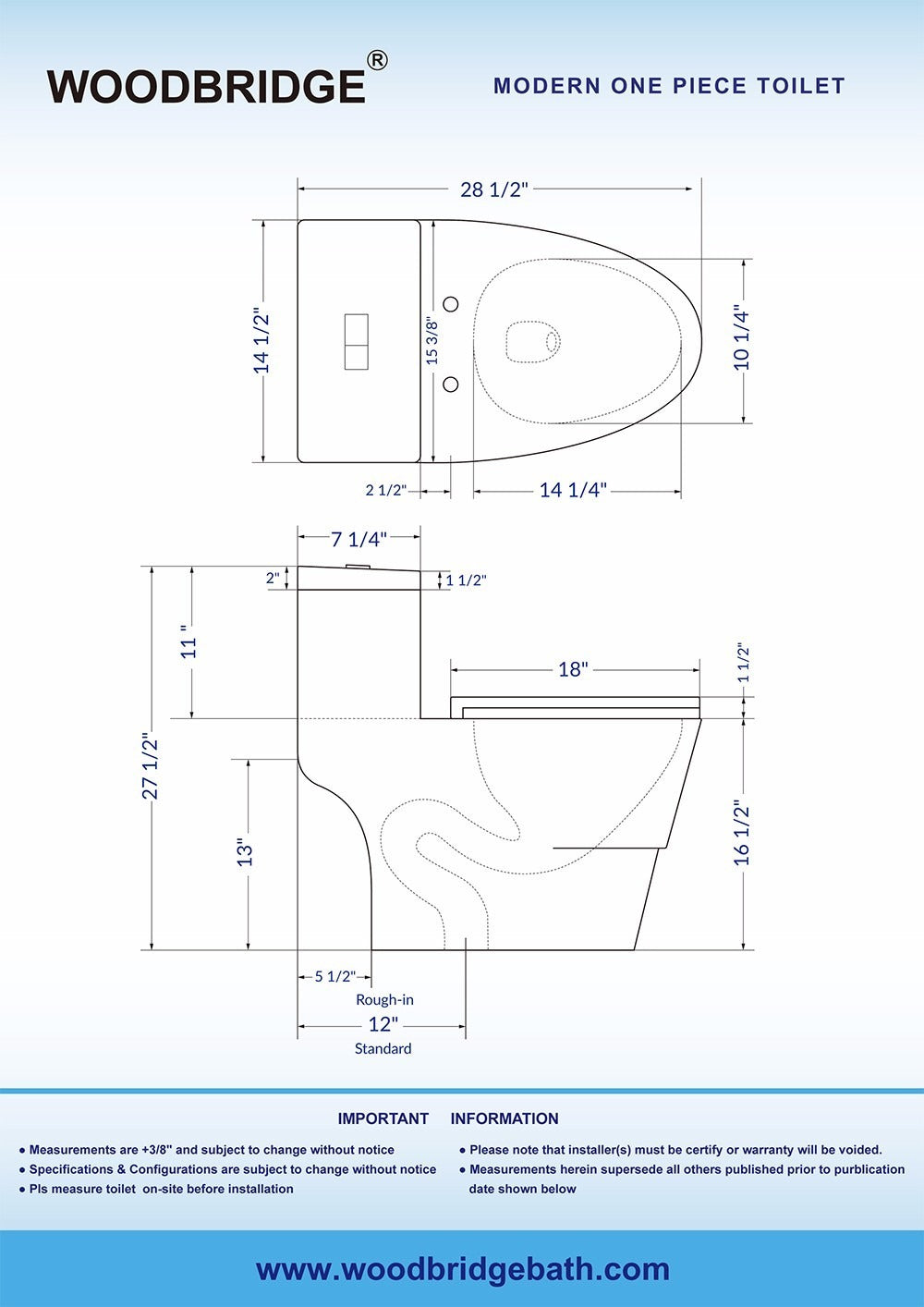 WOODBRIDGE T-0019, Dual Flush Elongated One Piece Toilet with Soft Closing Seat, Chair Height, Water Sense, High-Efficiency, T-0019 Rectangle Button