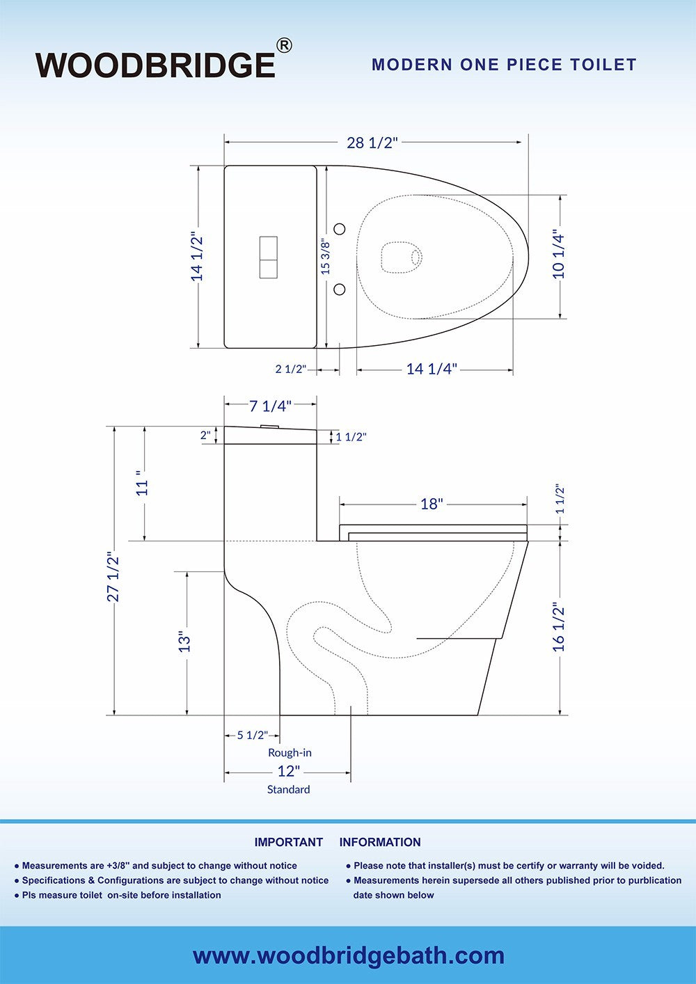 WOODBRIDGE T-0019, Dual Flush Elongated One Piece Toilet with Soft Closing Seat, Chair Height, Water Sense, High-Efficiency, Rectangle Button