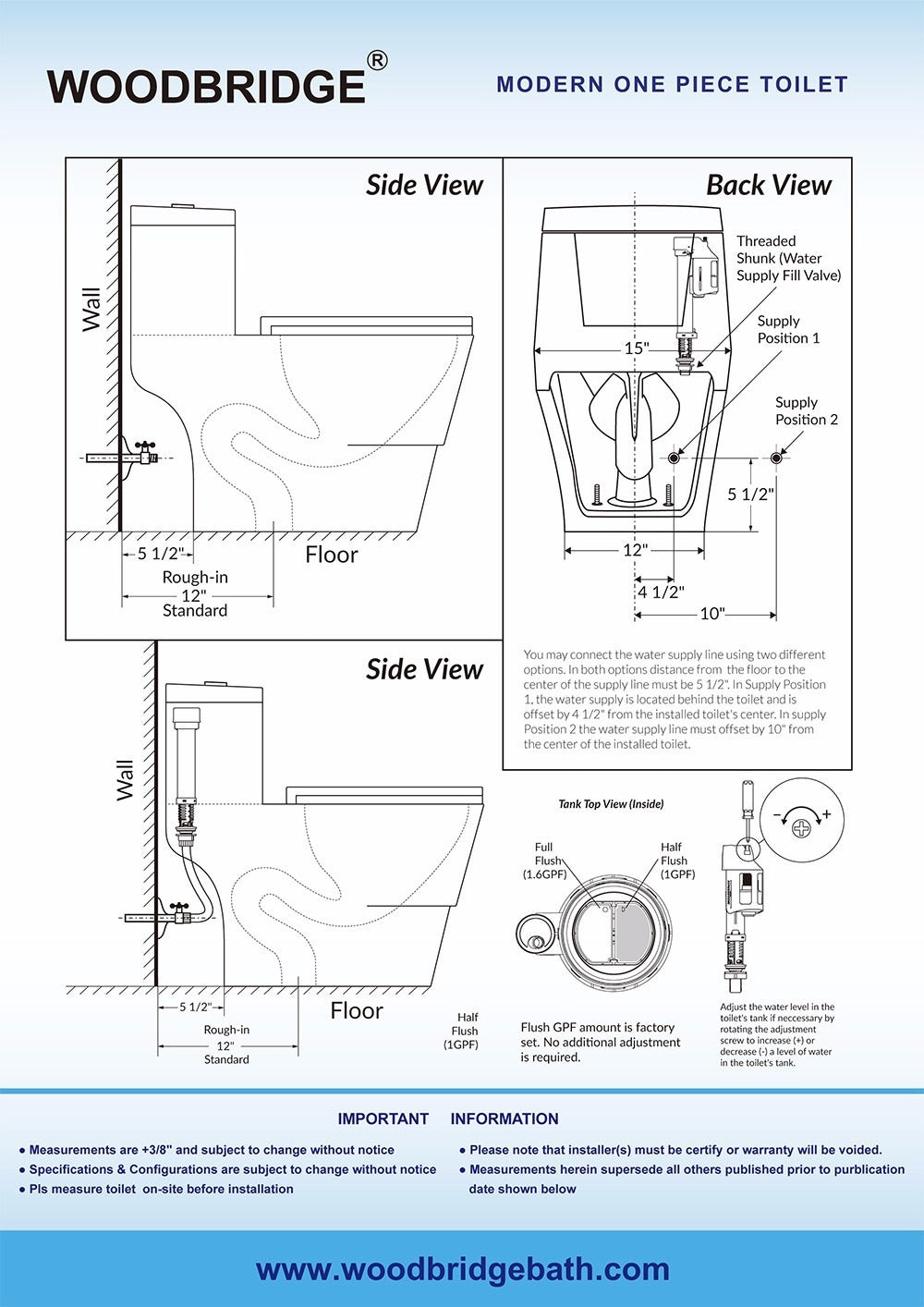 WOODBRIDGE T-0019, Dual Flush Elongated One Piece Toilet with Soft Closing Seat, Chair Height, Water Sense, High-Efficiency, T-0019 Rectangle Button
