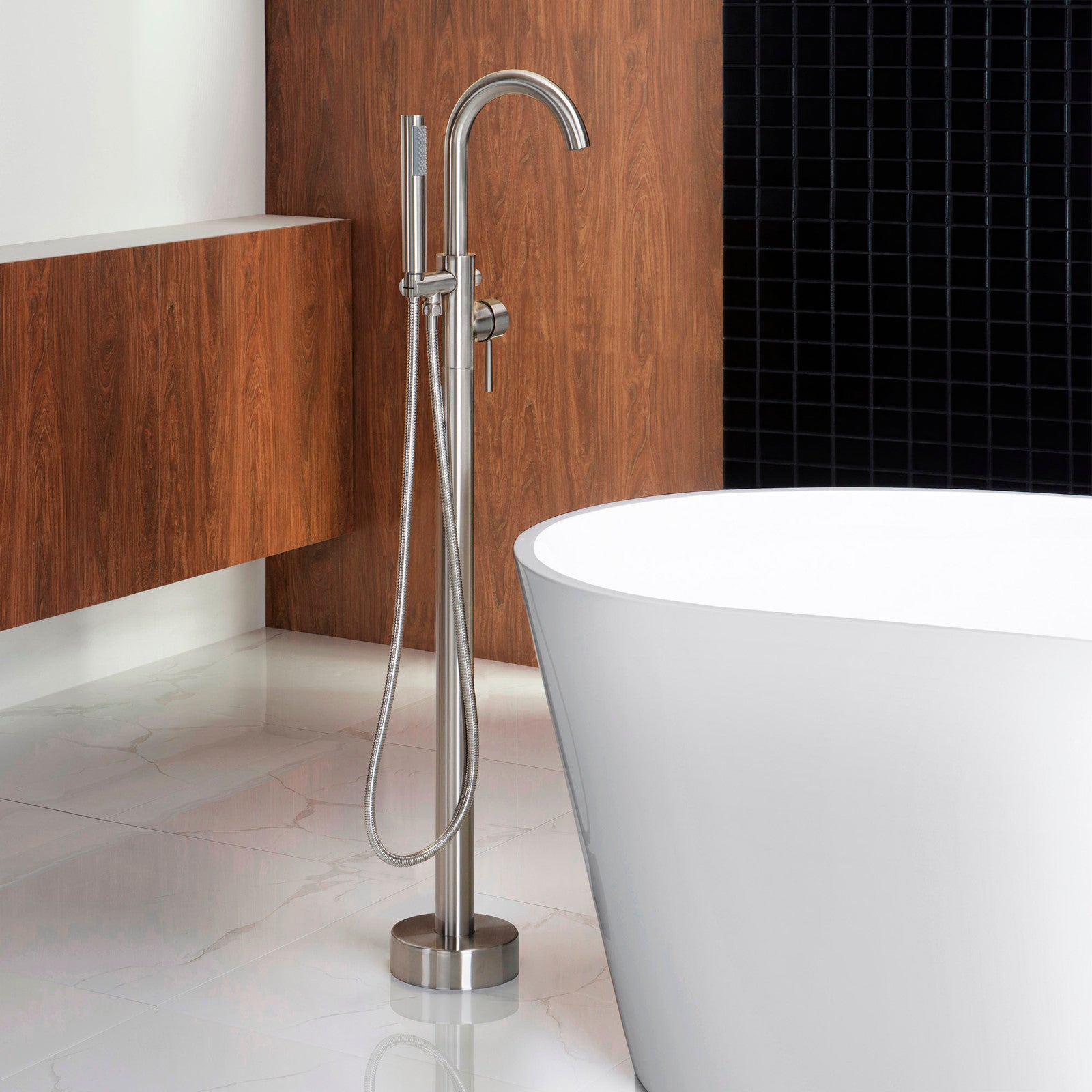 WOODBRIDGE F0001BNRD Contemporary Single Handle Floor Mount Freestanding Tub Filler Faucet with Hand shower