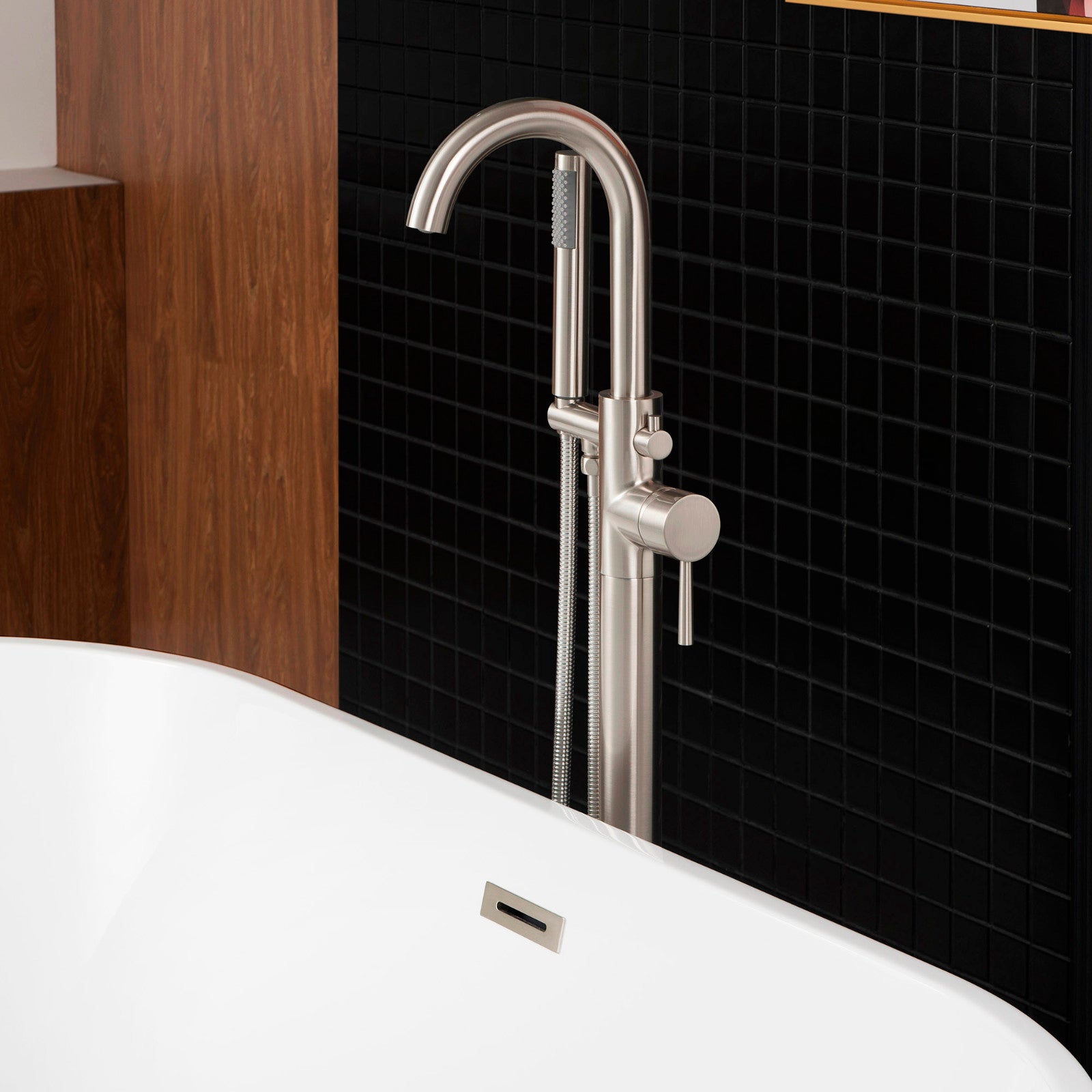 WOODBRIDGE F0001BNRD Contemporary Single Handle Floor Mount Freestanding Tub Filler Faucet with Hand shower