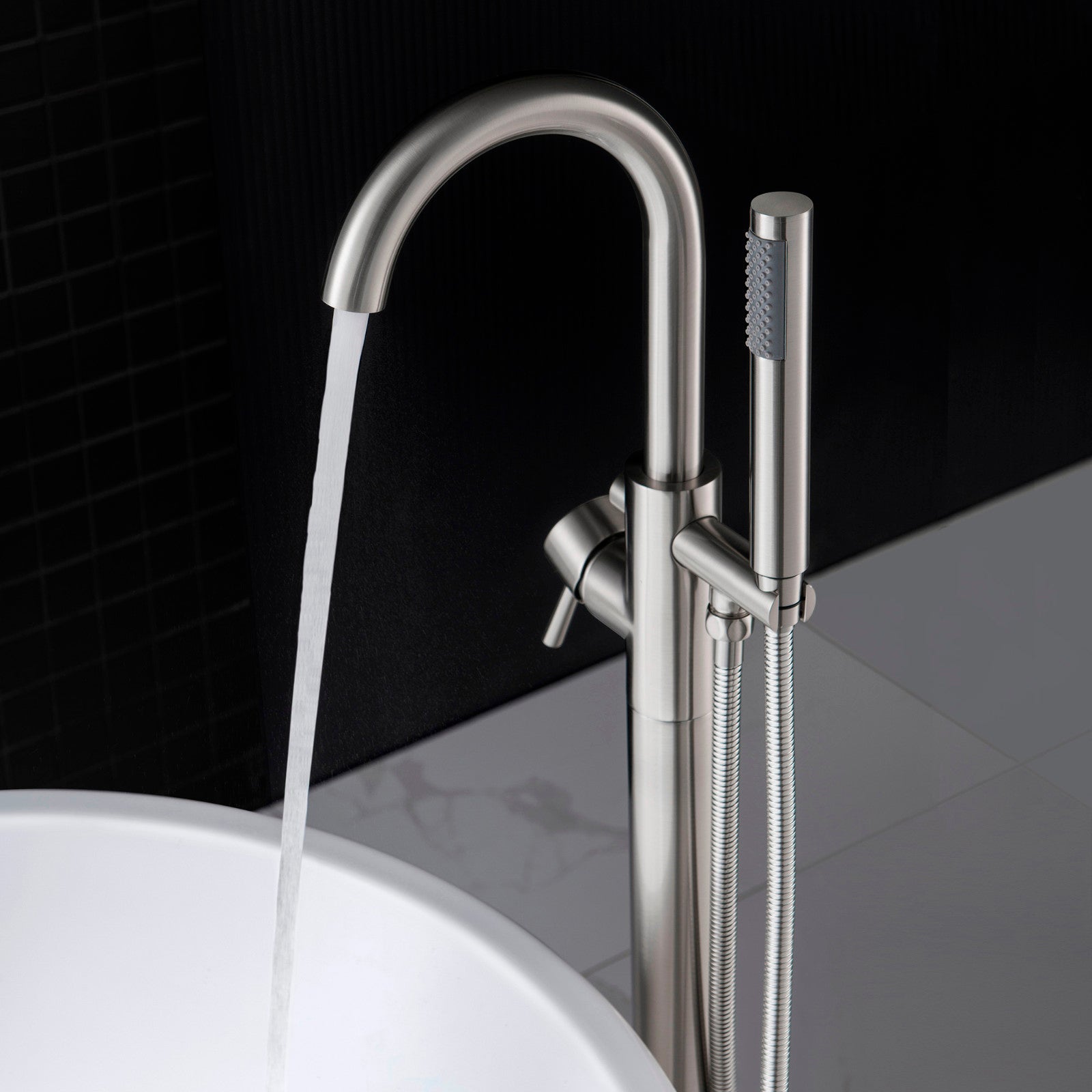 WOODBRIDGE F0001BNRD Contemporary Single Handle Floor Mount Freestanding Tub Filler Faucet with Hand shower