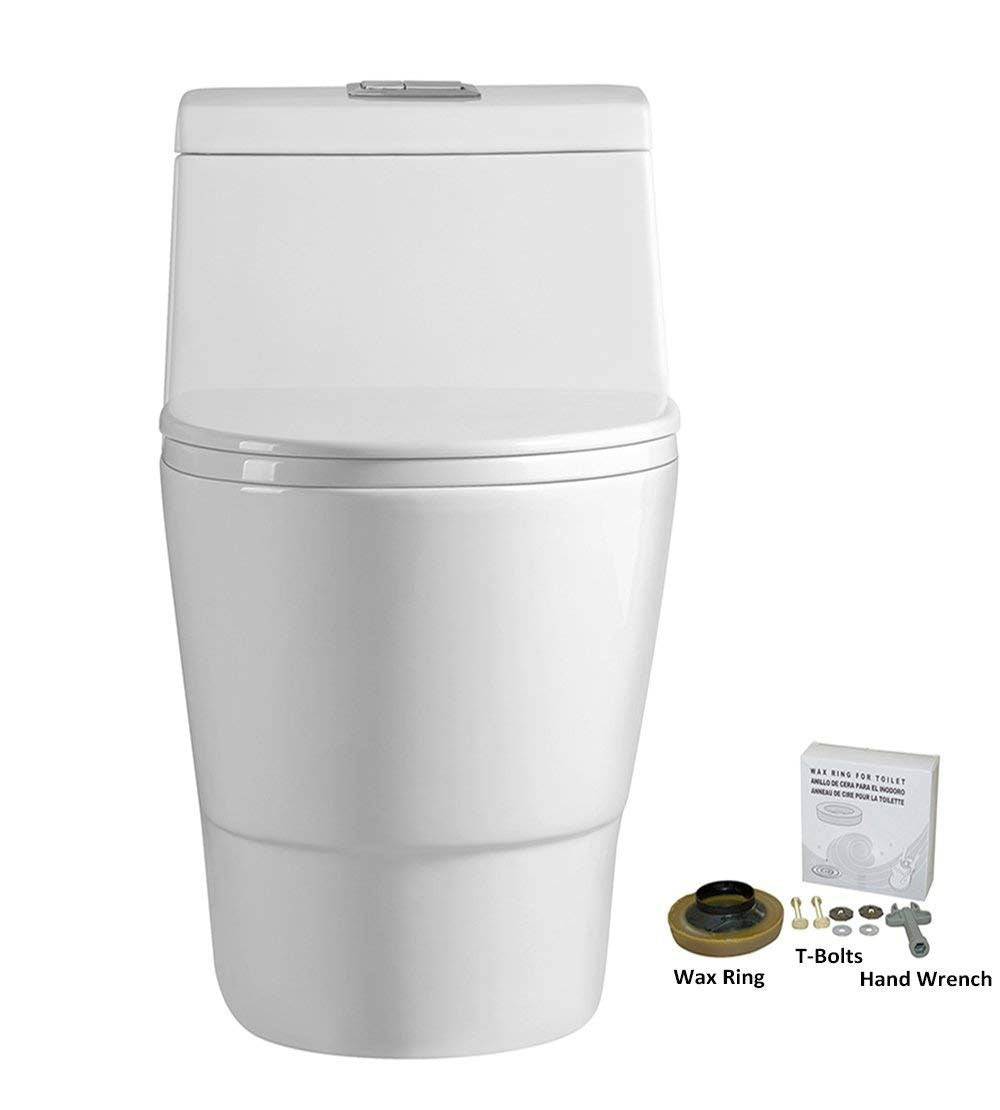 WOODBRIDGE T-0019, Dual Flush Elongated One Piece Toilet with Soft Closing Seat, Chair Height, Water Sense, High-Efficiency, T-0019 Rectangle Button