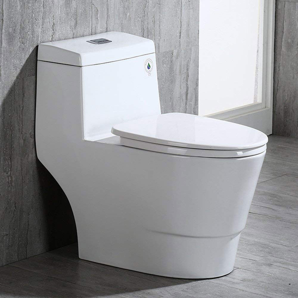 WOODBRIDGE T-0019, Dual Flush Elongated One Piece Toilet with Soft Closing Seat, Chair Height, Water Sense, High-Efficiency, Rectangle Button