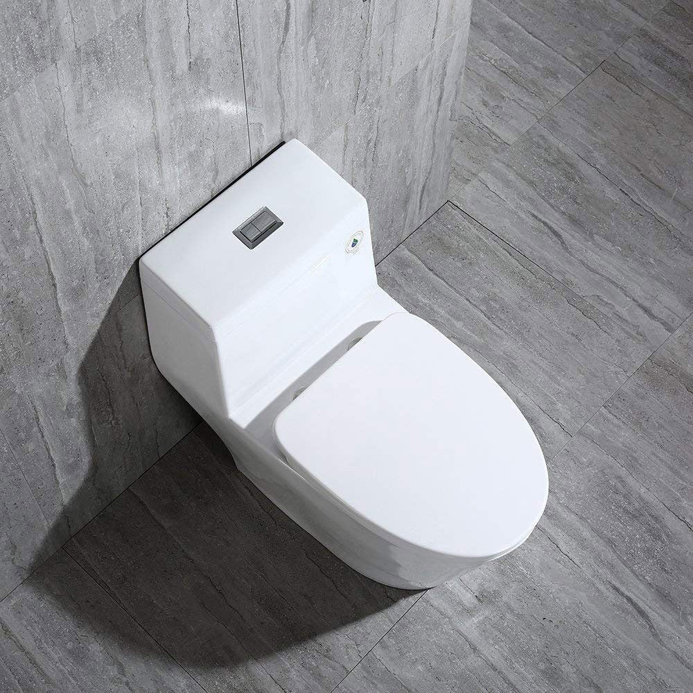 WOODBRIDGE T-0019, Dual Flush Elongated One Piece Toilet with Soft Closing Seat, Chair Height, Water Sense, High-Efficiency, T-0019 Rectangle Button